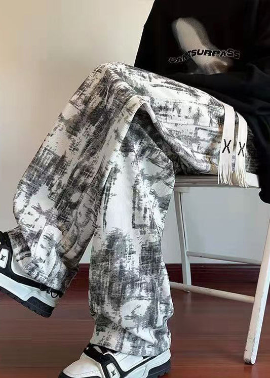 White Tie Dye Elastic Waist Warm Fleece Pants Winter Wa054
