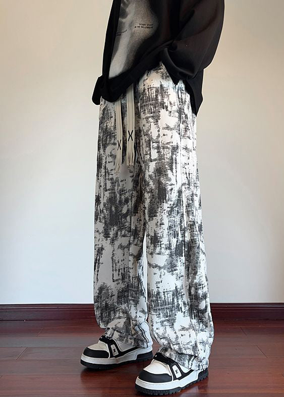 White Tie Dye Elastic Waist Warm Fleece Pants Winter Wa054
