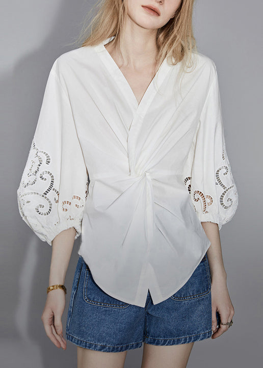 White V Neck Hollow Out Cotton Blouses Bracelet Sleeve Ab1058