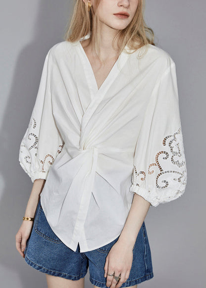 White V Neck Hollow Out Cotton Blouses Bracelet Sleeve Ab1058