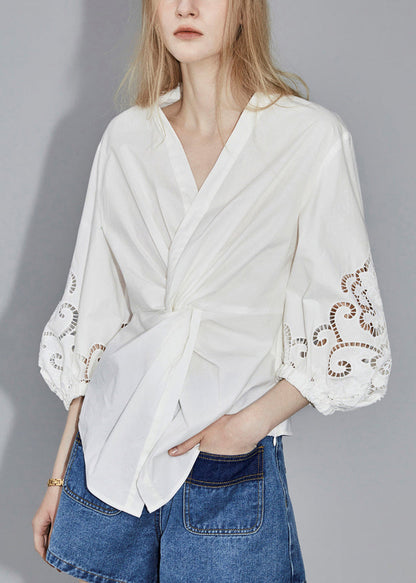White V Neck Hollow Out Cotton Blouses Bracelet Sleeve Ab1058