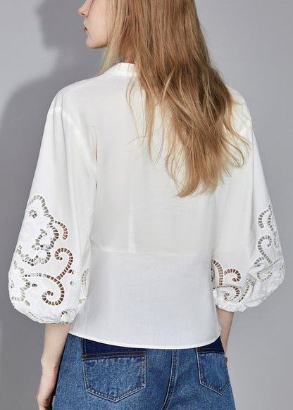 White V Neck Hollow Out Cotton Blouses Bracelet Sleeve Ab1058