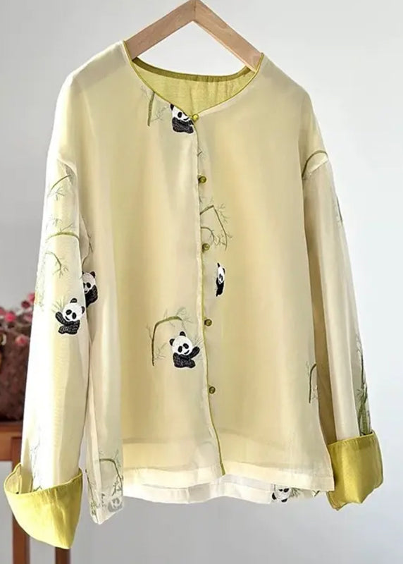 Yellow O-neck Animal Print Silk Coats Fall Ag1038