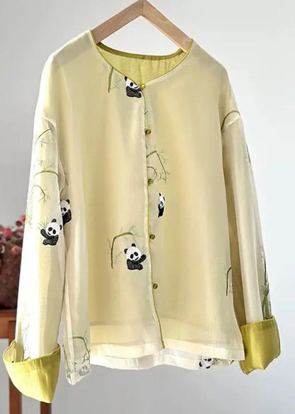 Yellow O-neck Animal Print Silk Coats Fall Ag1038