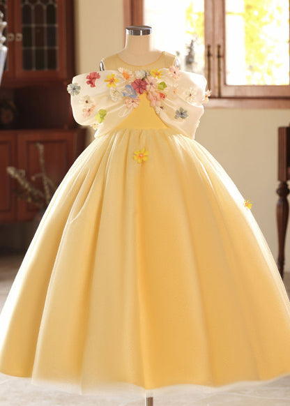 Yellow O-neck Tulle Kids Long Dresses Summer Yg004