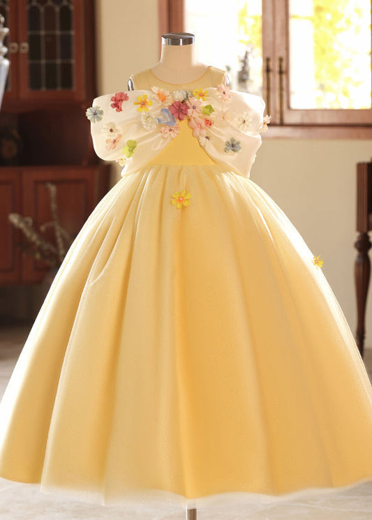 Yellow O-neck Tulle Kids Long Dresses Summer Yg004