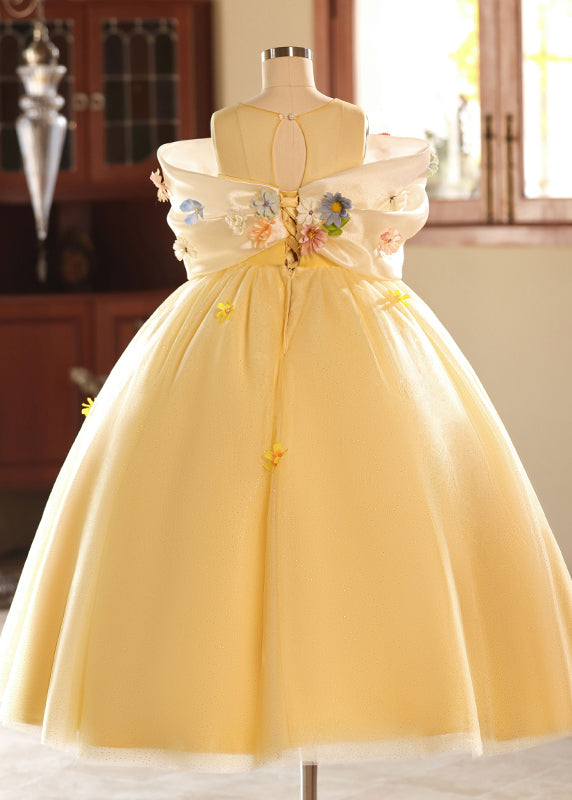 Yellow O-neck Tulle Kids Long Dresses Summer Yg004
