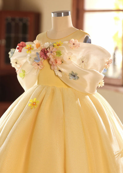 Yellow O-neck Tulle Kids Long Dresses Summer Yg004