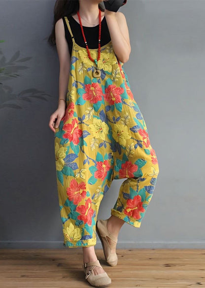 Yellow Print High Waist Cotton Jumpsuit Sleeveless Mn071