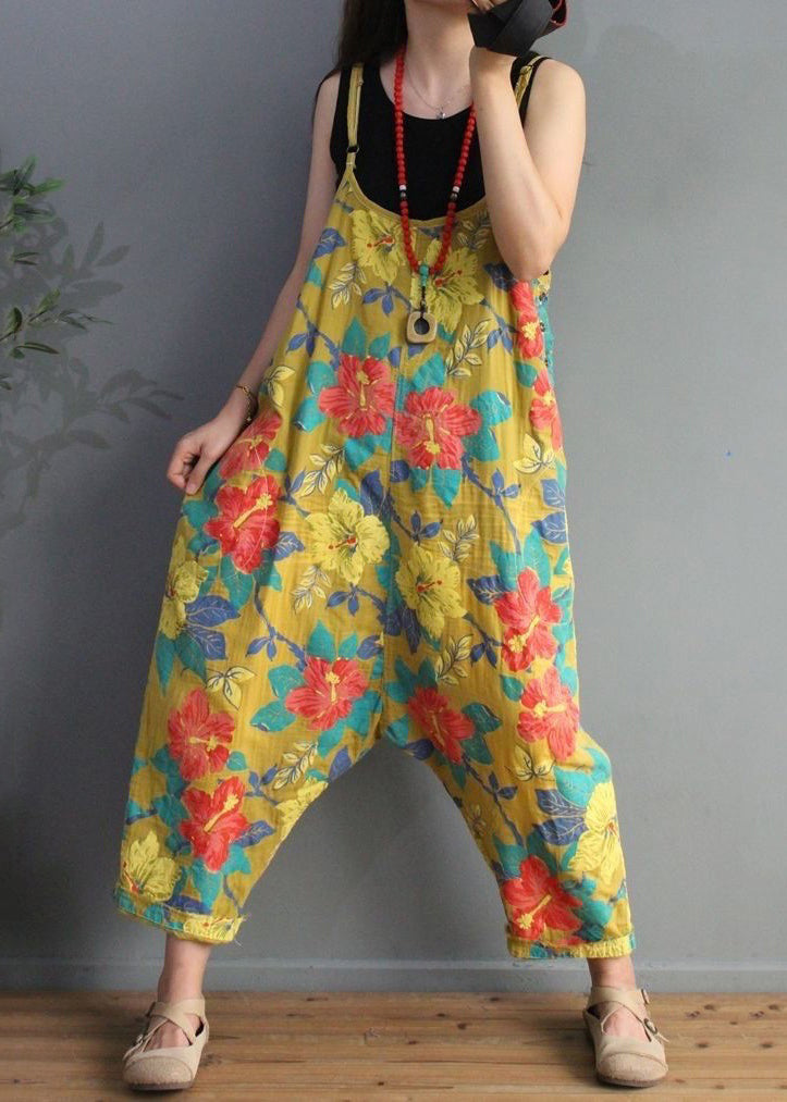 Yellow Print High Waist Cotton Jumpsuit Sleeveless Mn071