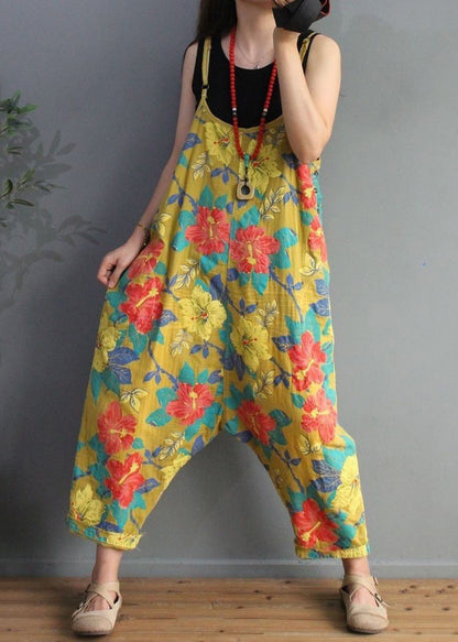 Yellow Print High Waist Cotton Jumpsuit Sleeveless Mn071