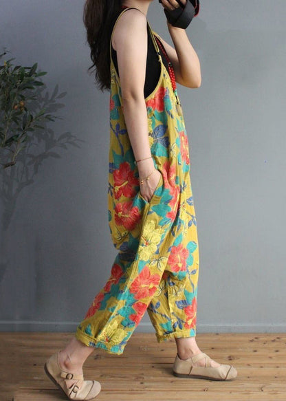 Yellow Print High Waist Cotton Jumpsuit Sleeveless Mn071