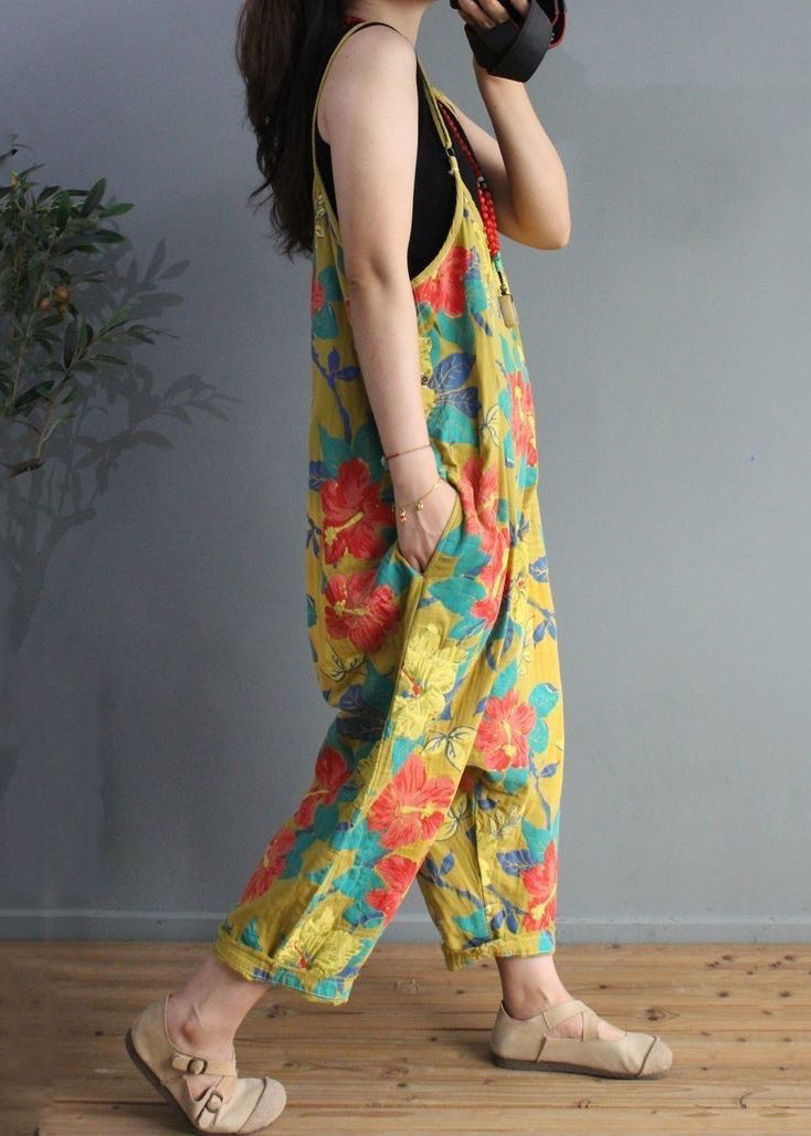 Yellow Print High Waist Cotton Jumpsuit Sleeveless Mn071
