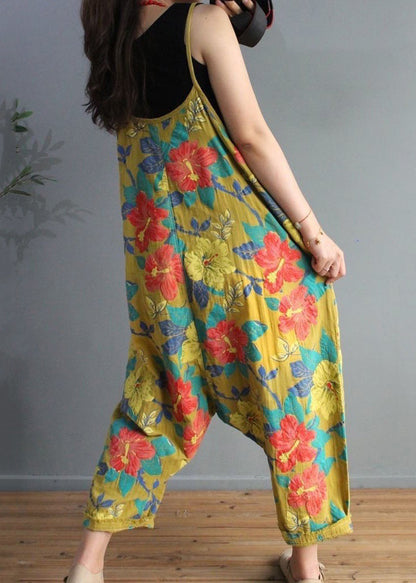 Yellow Print High Waist Cotton Jumpsuit Sleeveless Mn071