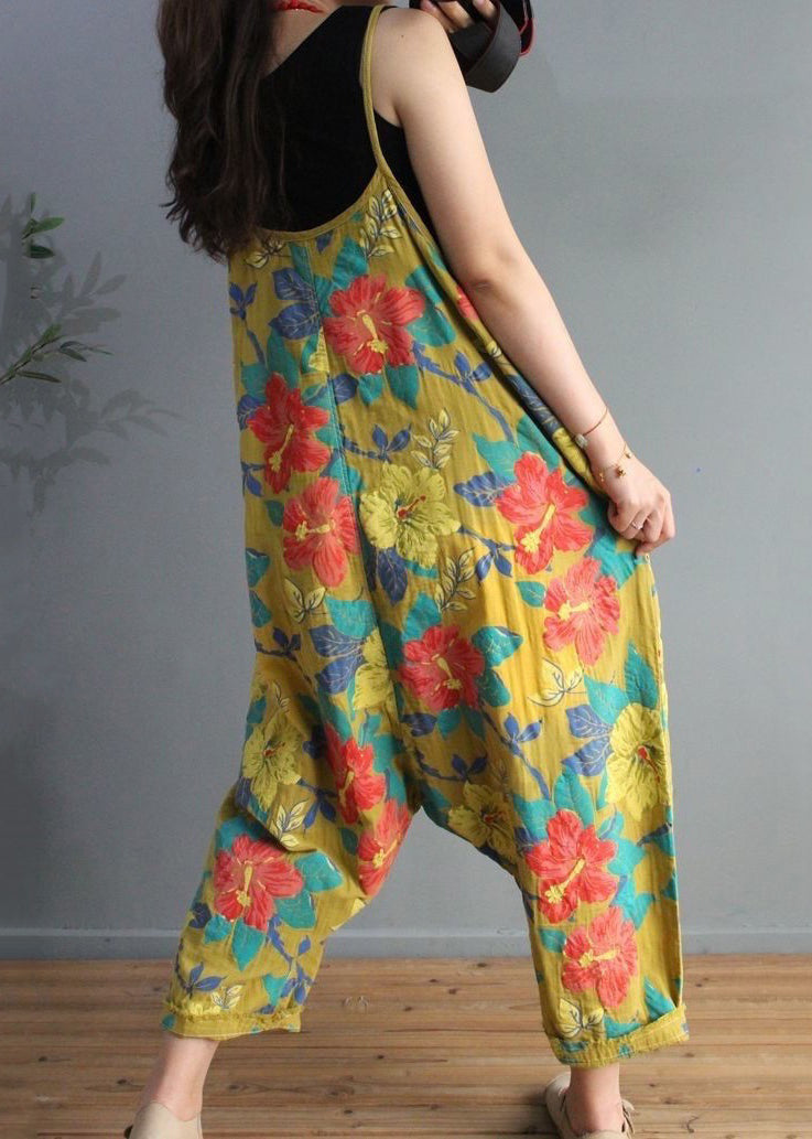 Yellow Print High Waist Cotton Jumpsuit Sleeveless Mn071