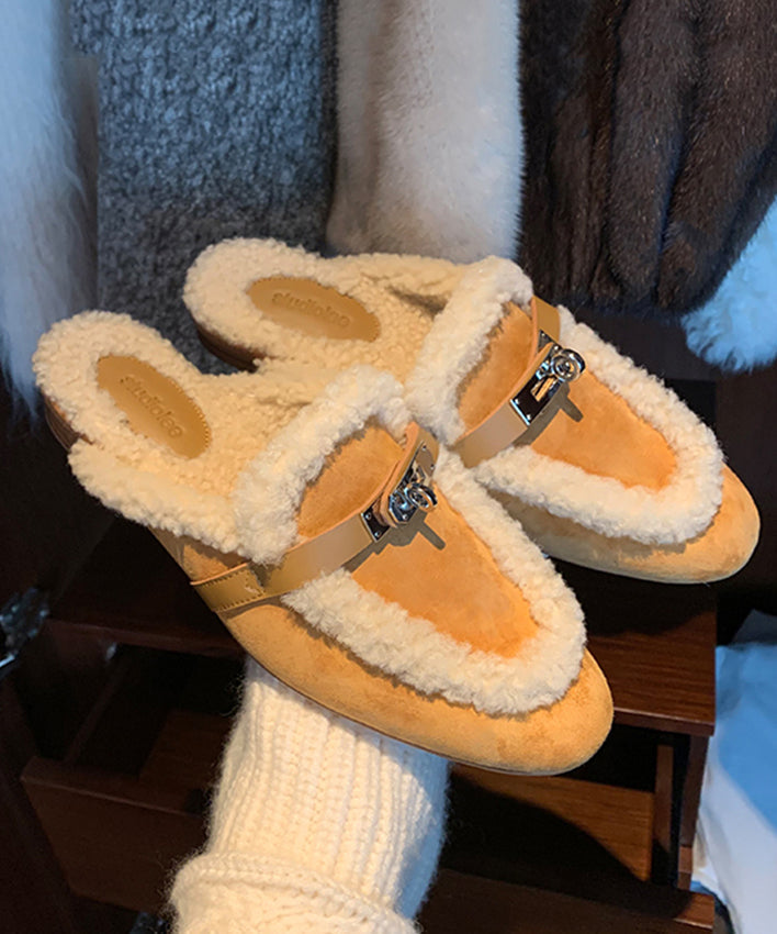 Yellow Slippers Shoes Splicing Fuzzy Wool Lined Rx011