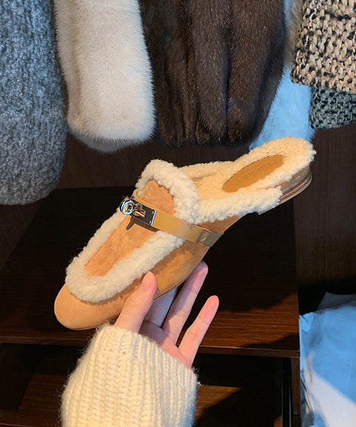 Yellow Slippers Shoes Splicing Fuzzy Wool Lined Rx011