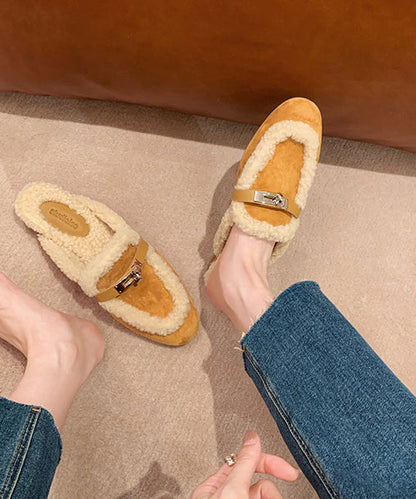 Yellow Slippers Shoes Splicing Fuzzy Wool Lined Rx011