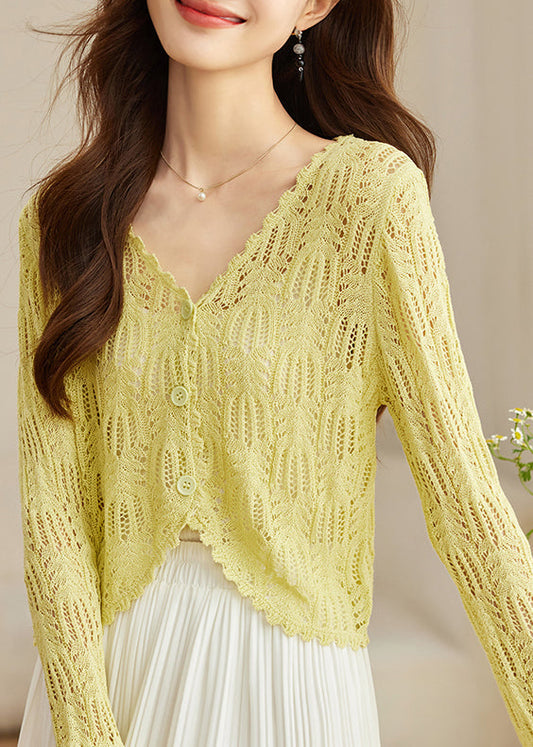 Yellow V Neck Hollow Out Knit Cardigans Summer Th026