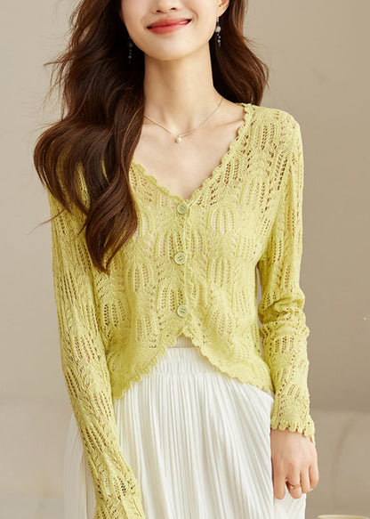 Yellow V Neck Hollow Out Knit Cardigans Summer Th026