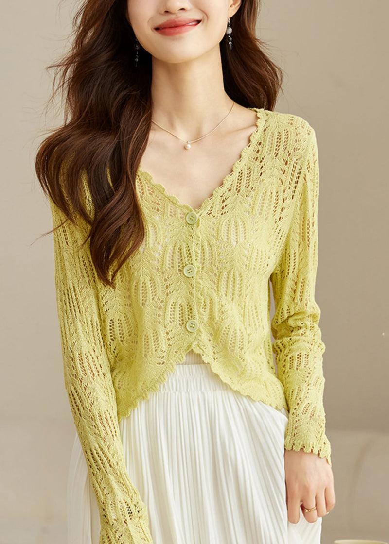 Yellow V Neck Hollow Out Knit Cardigans Summer Th026