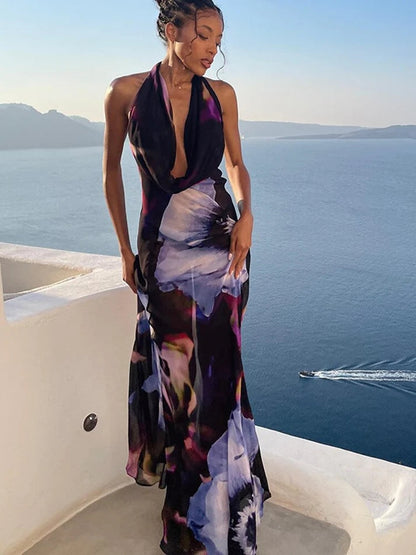Low Back Halter Neck -print Mesh Maxi Dress