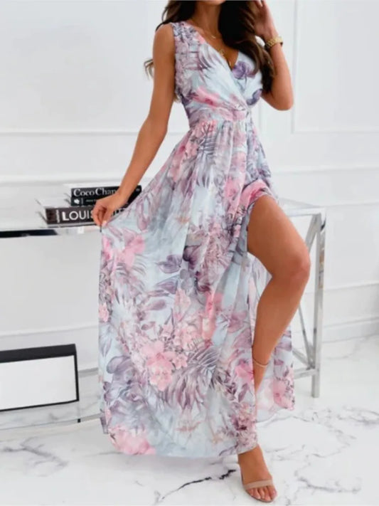 Chiffon Flower Print Sleeveless Long Dresses V-neck Backless Leace-up Slit Dress Temperament Summer Maxi Vestidos Female