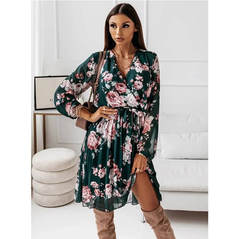 Chiffon Deep V Neck Green Pleated Office Femme Midi Dresses