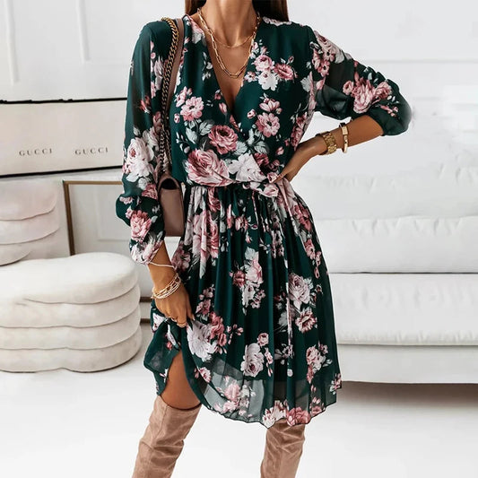 Chiffon Deep V Neck Green Pleated Office Femme Midi Dresses