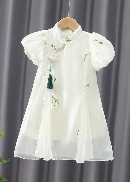 Chinese Style Apricot Embroideried Nail Bead Chiffon Long Dress Summer Mn013