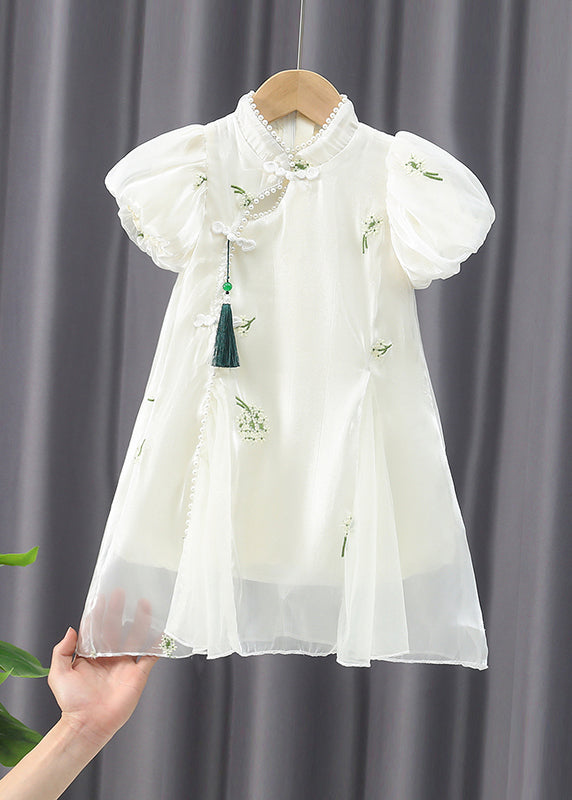 Chinese Style Apricot Embroideried Nail Bead Chiffon Long Dress Summer Mn013