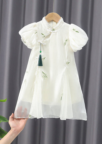 Chinese Style Apricot Embroideried Nail Bead Chiffon Long Dress Summer Mn013