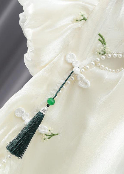Chinese Style Apricot Embroideried Nail Bead Chiffon Long Dress Summer Mn013