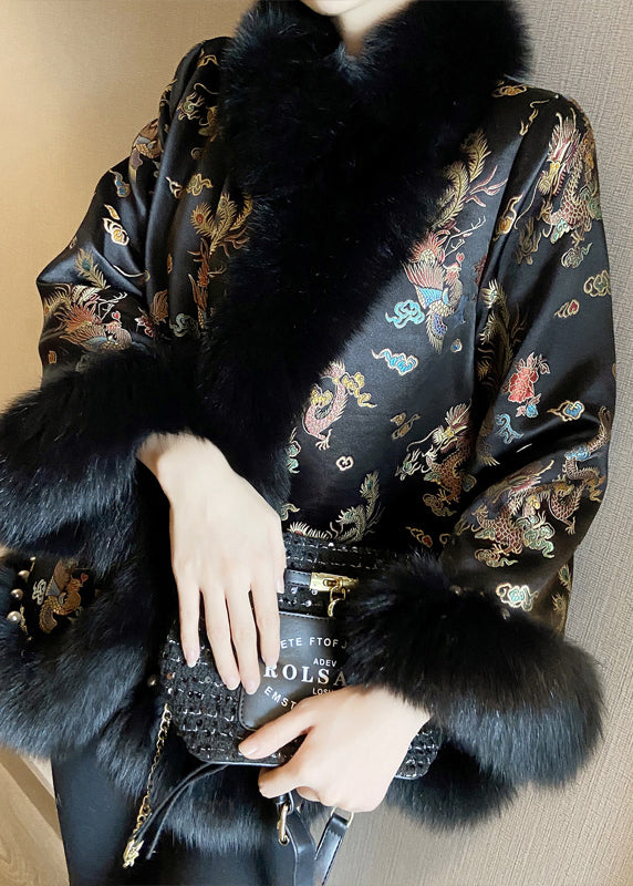 Chinese Style Beige Fox Collar Print Nail Bead Leather and Fur Coats Winter Ty021