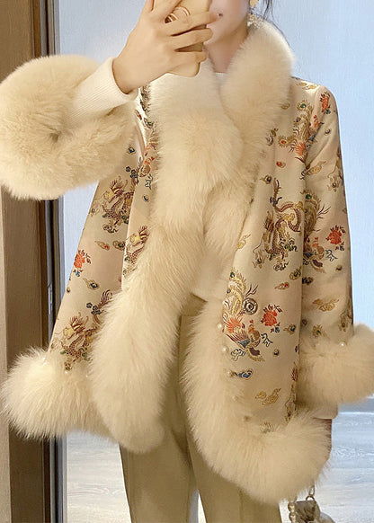 Chinese Style Beige Fox Collar Print Nail Bead Leather and Fur Coats Winter Ty021