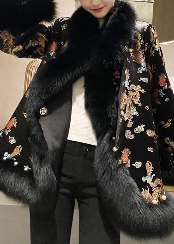 Chinese Style Beige Fox Collar Print Nail Bead Leather and Fur Coats Winter Ty021