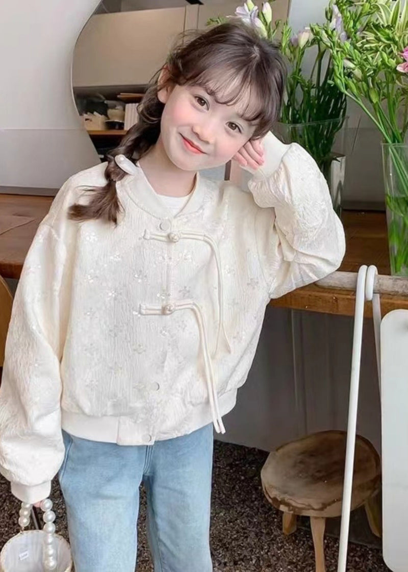 Chinese Style Beige O-neck Sequins Button Kids Coats Fall Qv038