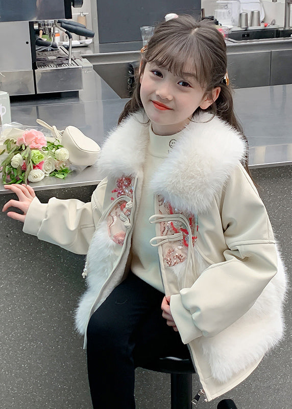 Chinese Style Beige Peter Pan Collar Embroideried Patchwork Warm Fleece Kids Coats Wintertg026