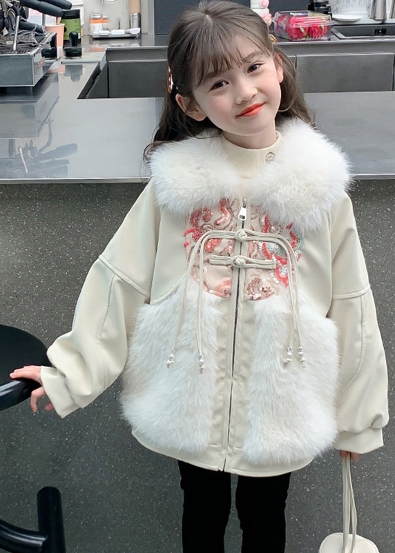 Chinese Style Beige Peter Pan Collar Embroideried Patchwork Warm Fleece Kids Coats Wintertg026