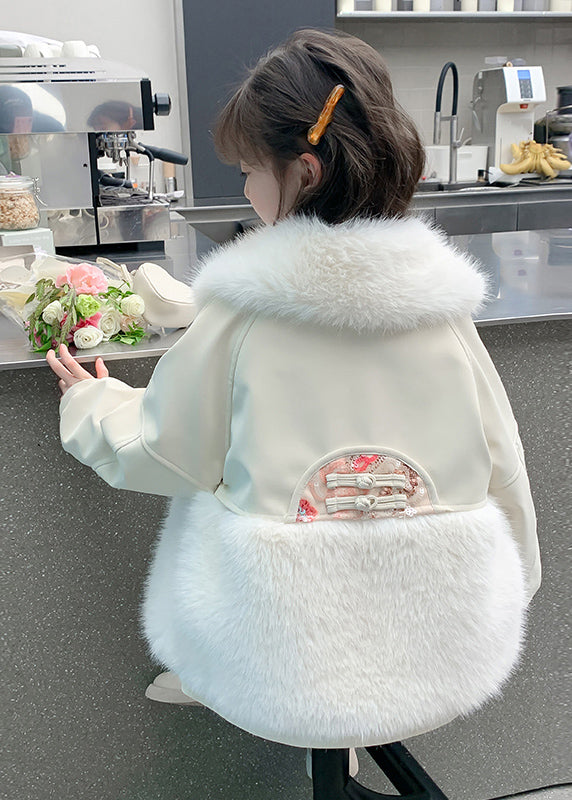 Chinese Style Beige Peter Pan Collar Embroideried Patchwork Warm Fleece Kids Coats Wintertg026