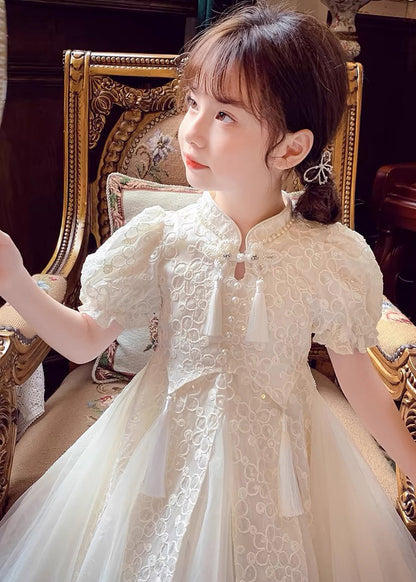 Chinese Style Beige Stand Collar Nail Bead Tulle Maxi Dress Summer Xz036