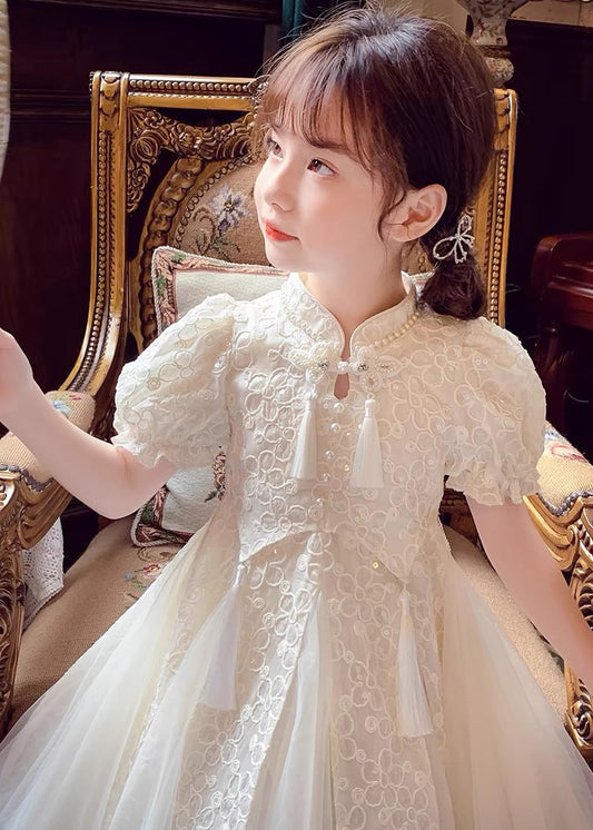 Chinese Style Beige Stand Collar Nail Bead Tulle Maxi Dress Summer Xz036