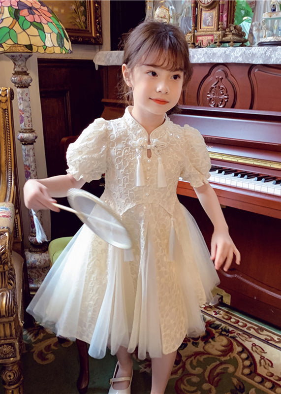 Chinese Style Beige Stand Collar Nail Bead Tulle Maxi Dress Summer Xz036