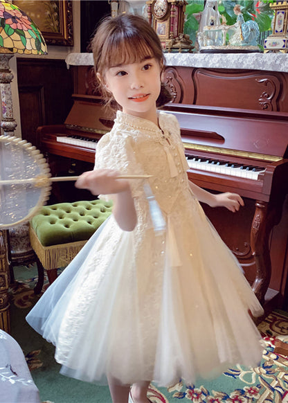 Chinese Style Beige Stand Collar Nail Bead Tulle Maxi Dress Summer Xz036