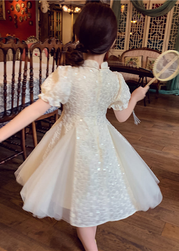 Chinese Style Beige Stand Collar Nail Bead Tulle Maxi Dress Summer Xz036