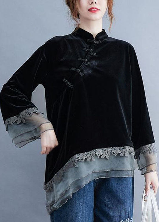 Chinese Style Black Asymmetrical Button Patchwork Silk Velour Blouses Spring Ly0599