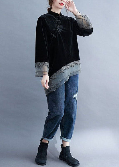 Chinese Style Black Asymmetrical Button Patchwork Silk Velour Blouses Spring Ly0599