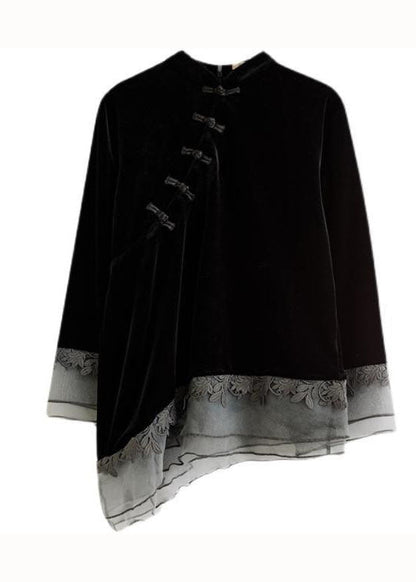 Chinese Style Black Asymmetrical Button Patchwork Silk Velour Blouses Spring Ly0599