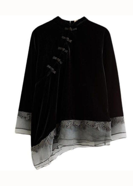 Chinese Style Black Asymmetrical Button Patchwork Silk Velour Blouses Spring Ly0599