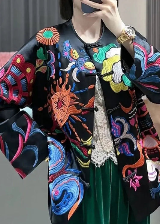 Chinese Style Black Embroidered Button Silk Coats Spring Cg1023